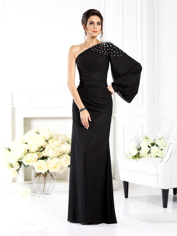 Etui-Linie One-Shoulder-Träger Perlen verziert Lange Ärmel Lang Chiffon Brautmutterkleider