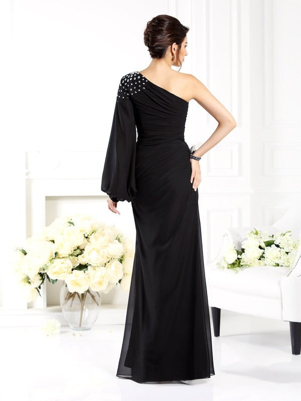 Etui-Linie One-Shoulder-Träger Perlen verziert Lange Ärmel Lang Chiffon Brautmutterkleider