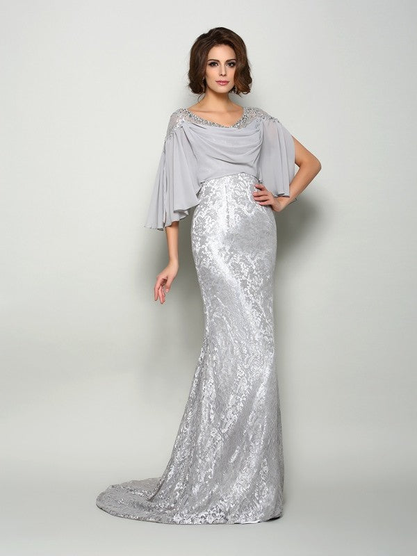 Robe de mère de la mariée longue en mousseline de soie, style trompette/sirène, en dentelle, manches 1/2