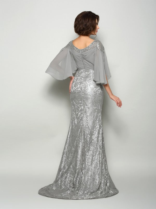 Robe de mère de la mariée longue en mousseline de soie, style trompette/sirène, en dentelle, manches 1/2