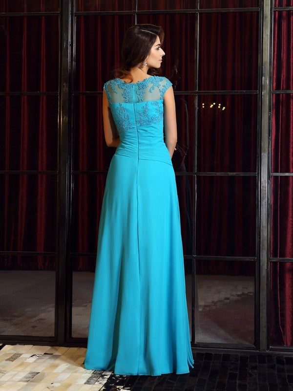 A-Line/Princess Scoop Applique Sleeveless Long Chiffon Dresses