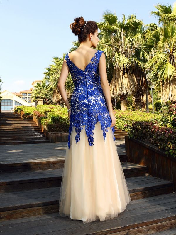 Robe fourreau/colonne à col en V et appliques sans manches, longue en filet