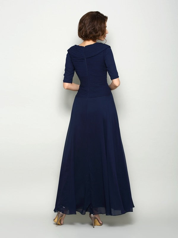 Robe de mère de la mariée longue en mousseline, coupe A-Line/Princesse, col en V, manches 1/2