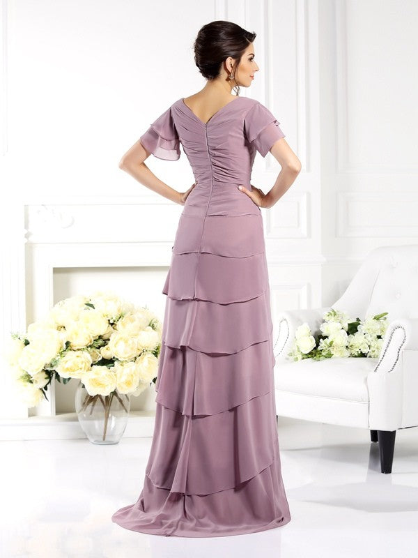 Robe de mère de la mariée longue en mousseline, col en V, manches courtes et fourreau