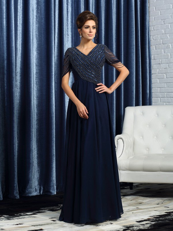 Robe de mère de la mariée longue en mousseline, coupe A-Line/Princesse, col en V, manches courtes