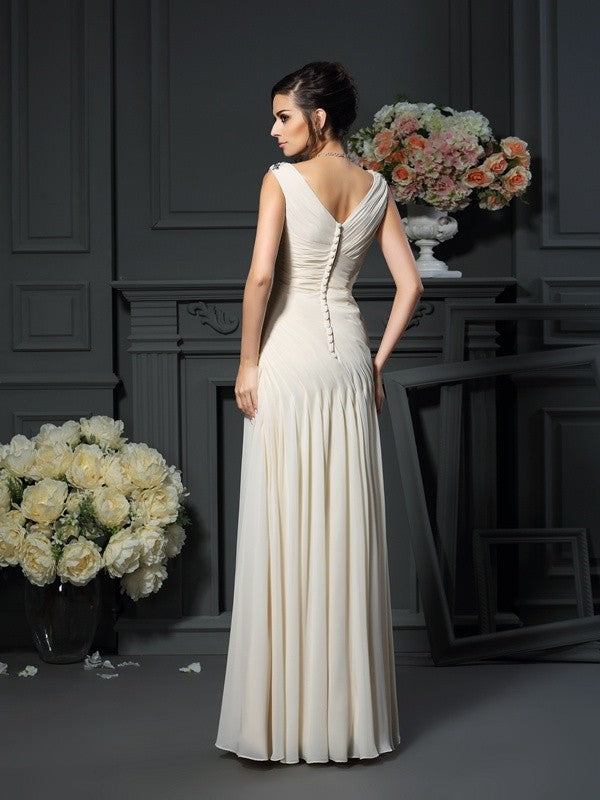 Robe de mère de la mariée longue en mousseline, sans manches, col en V, avec perles