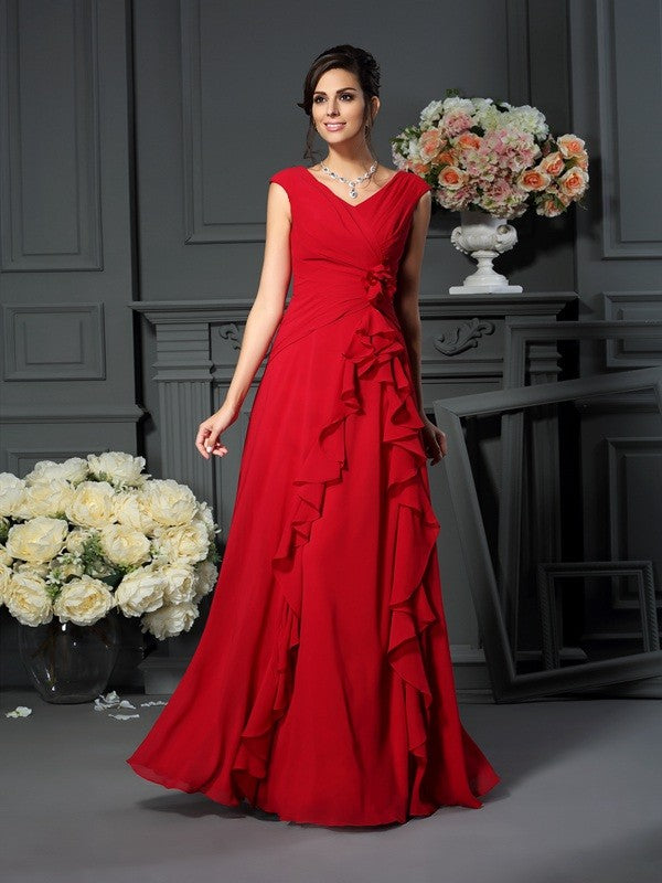 Robe de mère de la mariée longue en mousseline de soie, coupe trapèze/princesse, col en V, sans manches, avec fleurs faites à la main