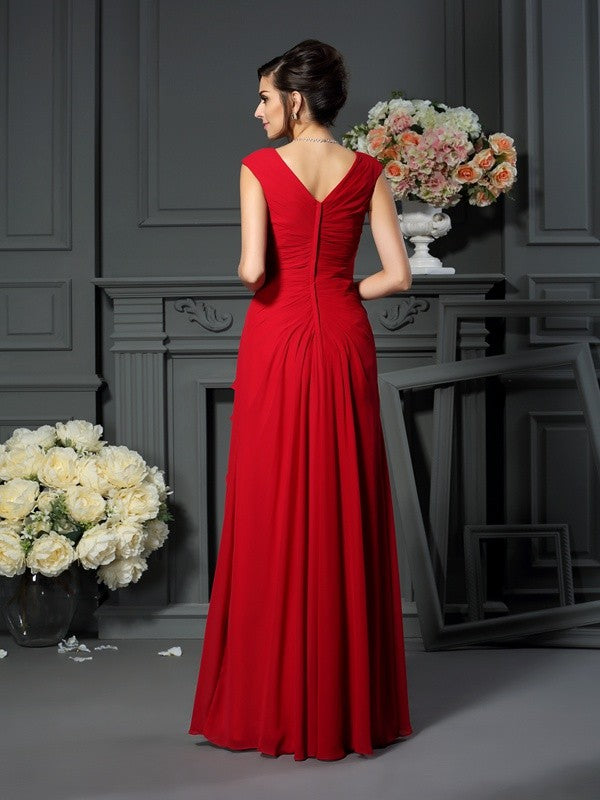 Robe de mère de la mariée longue en mousseline de soie, coupe trapèze/princesse, col en V, sans manches, avec fleurs faites à la main