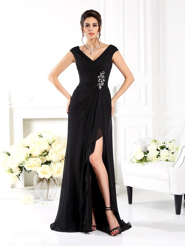 Robe de mère de la mariée longue en mousseline, coupe A-line/princesse, col en V, volants, sans manches