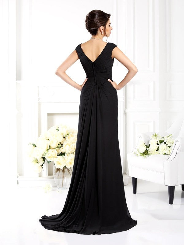 Robe de mère de la mariée longue en mousseline, coupe A-line/princesse, col en V, volants, sans manches