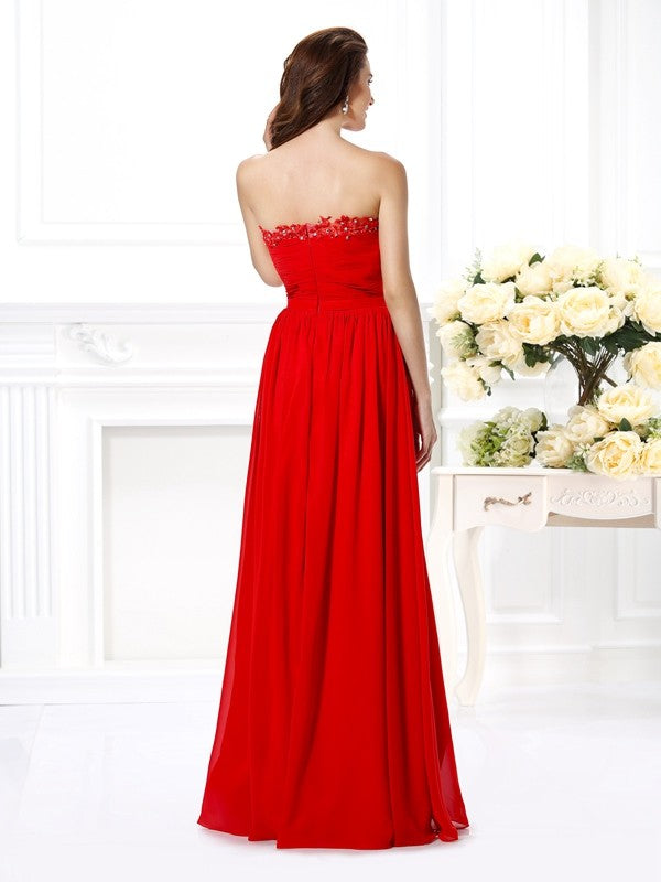 A-Line/Princess Sweetheart Beading Sleeveless Long Chiffon Dresses