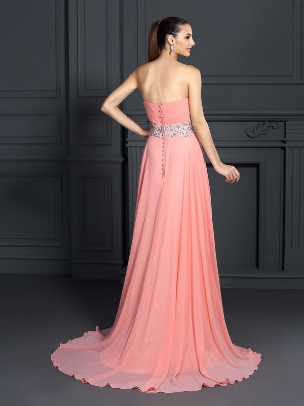 A-Line/Princess Sweetheart Ruffles Sleeveless Long Chiffon Dresses