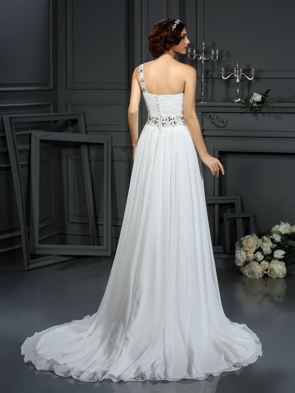 A-Line/Princess One-Shoulder Beading Sleeveless Long Chiffon Wedding Dresses
