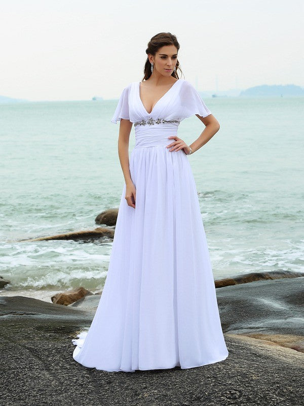 Robe de mariée longue en mousseline de soie, coupe trapèze/princesse, col en V, volants, manches courtes