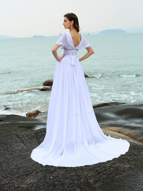 Robe de mariée longue en mousseline de soie, coupe trapèze/princesse, col en V, volants, manches courtes