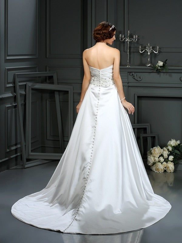 A-Line/Princess Strapless Beading Sleeveless Long Satin Wedding Dresses