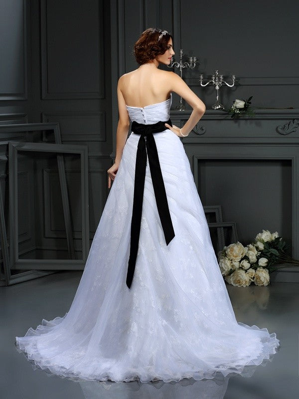 A-Line/Princess Sweetheart Sash/Ribbon/Belt Sleeveless Long Satin Wedding Dresses