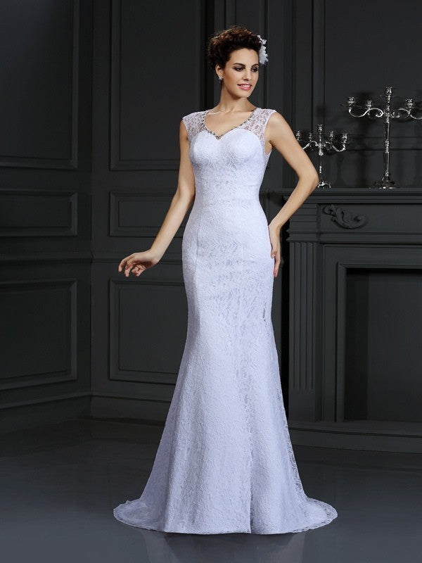 Robe de mariée longue en satin, sans manches, col en V, coupe fourreau/colonne