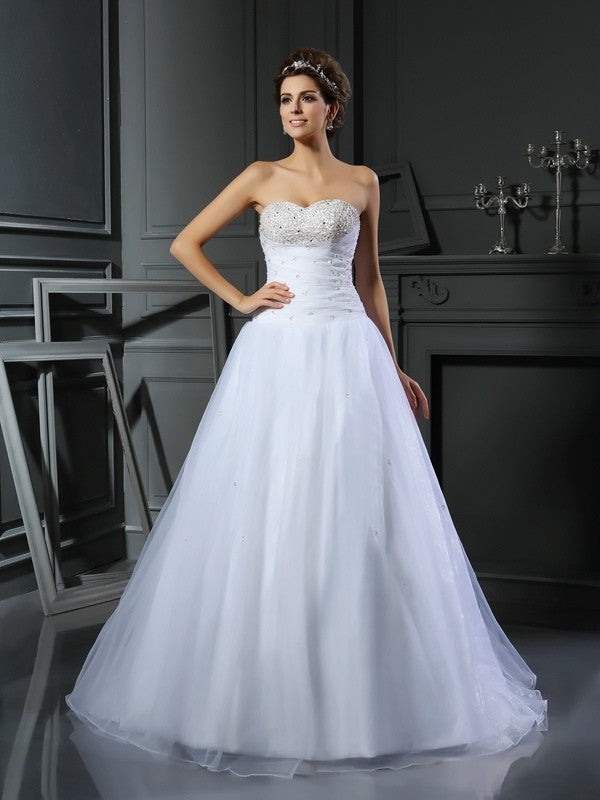 Robe de mariée longue en satin, sans manches, décolleté en cœur, perles