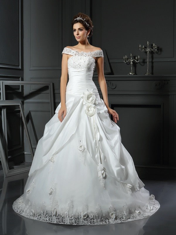 Robe de mariée longue en taffetas, épaules dénudées, sans manches, avec fleurs faites à la main