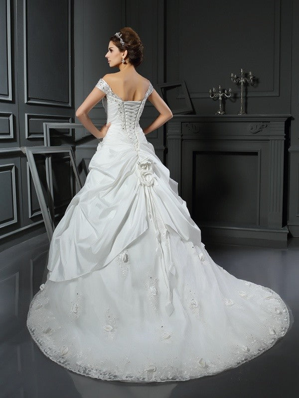 Robe de mariée longue en taffetas, épaules dénudées, sans manches, avec fleurs faites à la main