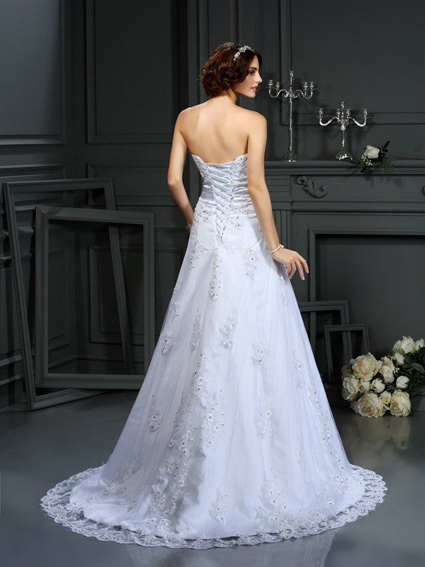 Robe de mariée longue en satin, coupe trapèze/princesse, sans bretelles, avec appliques