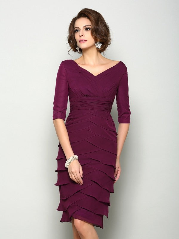Robe de mère de la mariée courte en mousseline, col en V, manches 1/2, coupe fourreau/colonne