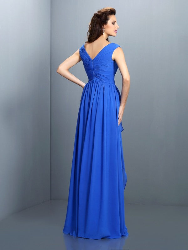 A-Line/Princess V-neck Beading Pleats Sleeveless Long Chiffon Dresses