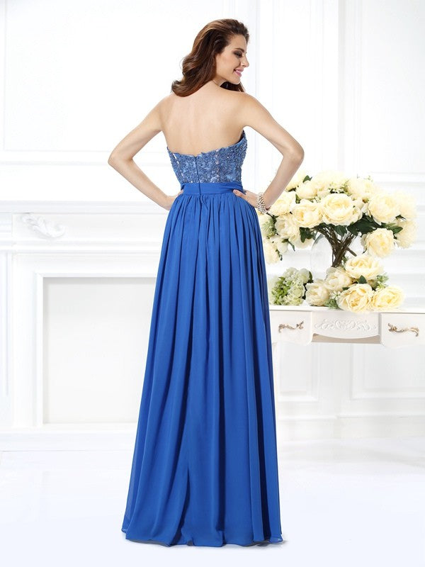 A-Line/Princess Sweetheart Applique Sleeveless Long Chiffon Dresses