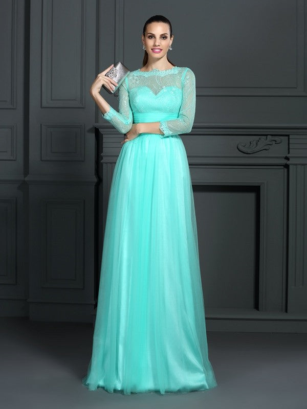 A-Line/Princess Bateau Lace 3/4 Sleeves Long  Woven Satin Dresses