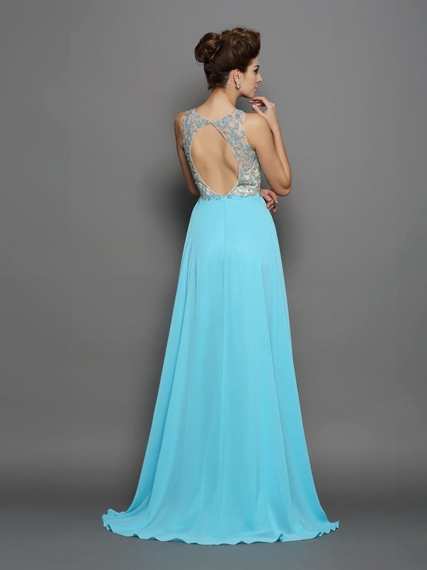 A-Line/Princess Scoop Beading Sleeveless Long Chiffon Dresses