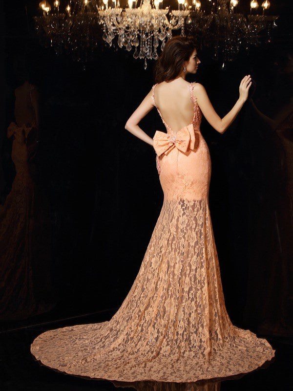Robe longue en satin sans manches à bretelles fourreau/colonne en dentelle