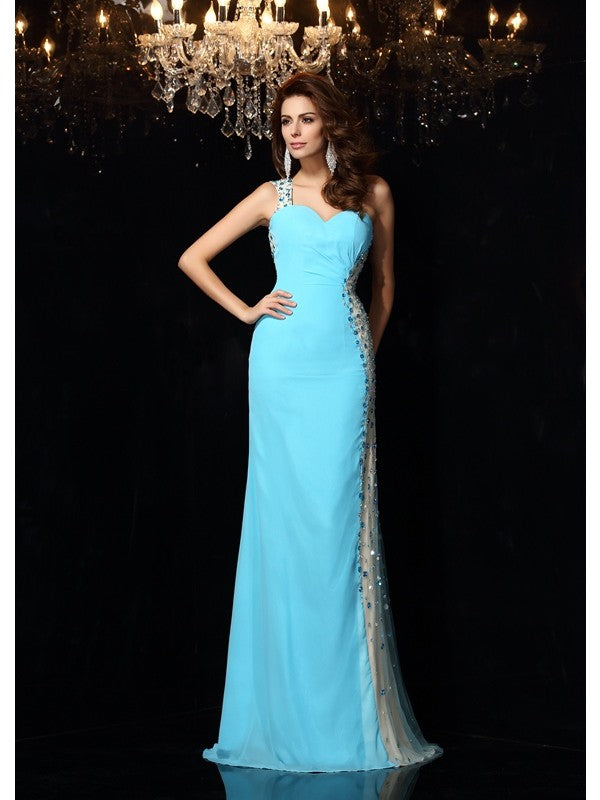 Etui-Linie One-Shoulder-Träger Strasssteine Ärmellos Lange Chiffon Kleider