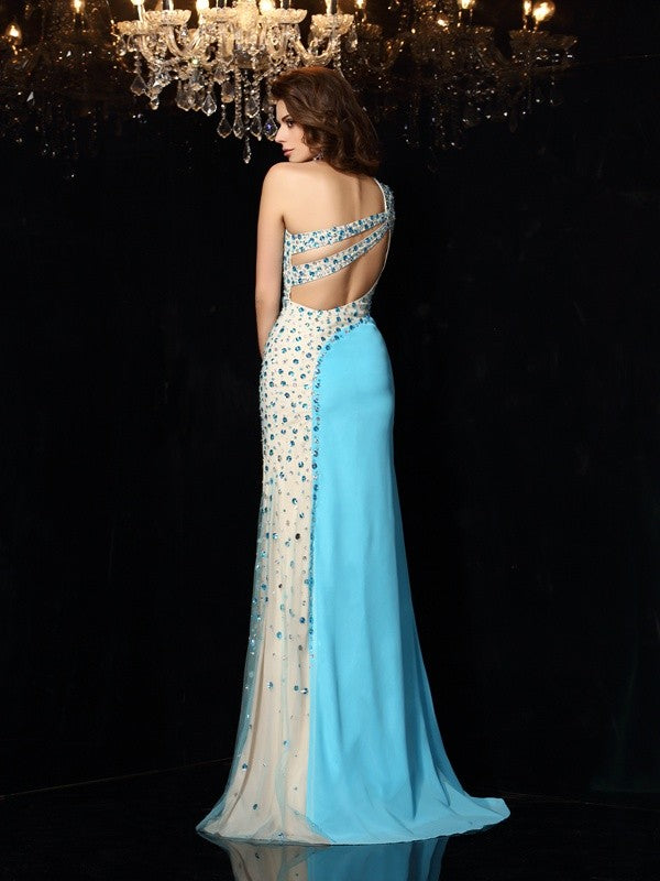 Etui-Linie One-Shoulder-Träger Strasssteine Ärmellos Lange Chiffon Kleider