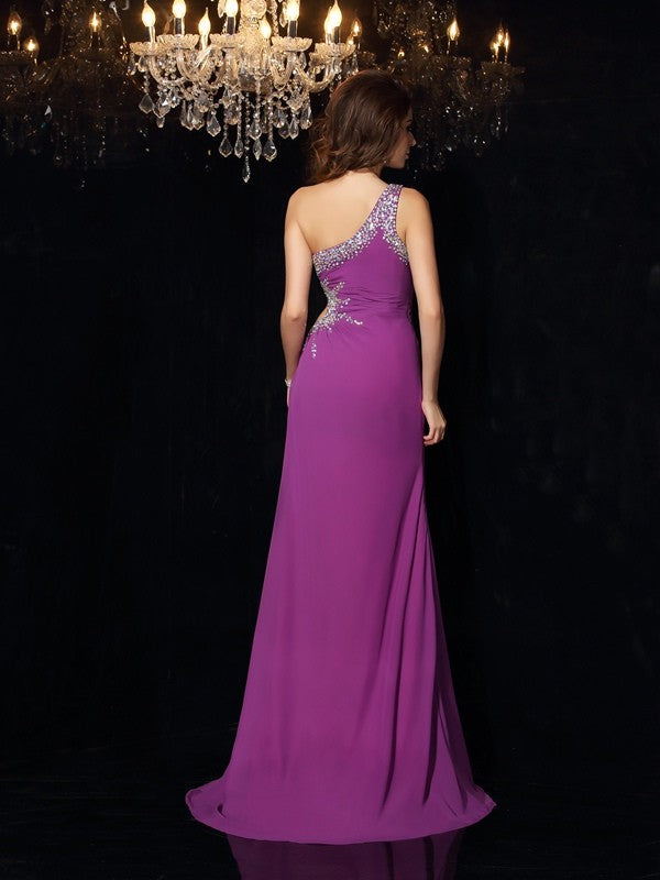 Etui-Linie One-Shoulder-Träger Perlen verziert Ärmellos Lange Chiffon Kleider