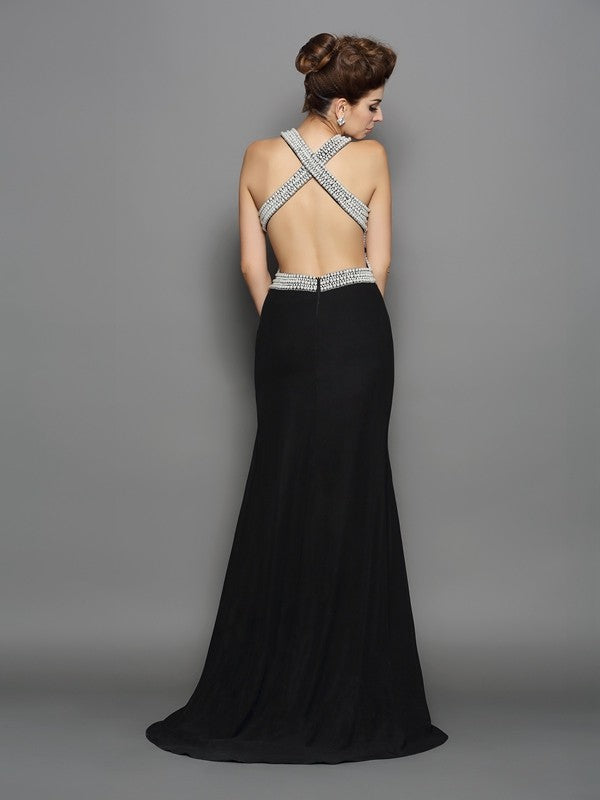 Trumpet/Mermaid High Neck Pearls Sleeveless Long Chiffon Dresses