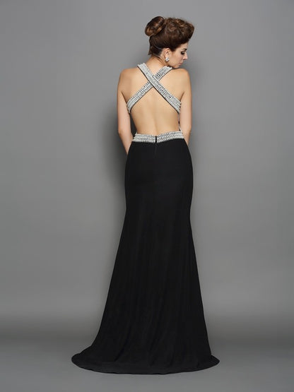 Trumpet/Mermaid High Neck Pearls Sleeveless Long Chiffon Dresses