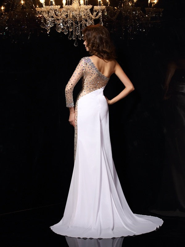 Etui-Linie One-Shoulder-Träger Perlen verziert Lange Ärmel Lange Chiffon Kleider