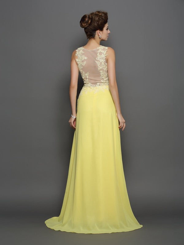 A-Line/Princess Scoop Lace Sleeveless Long Chiffon Dresses