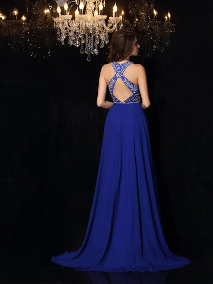 A-Line/Princess High Neck Beading Sleeveless Long Chiffon Dresses