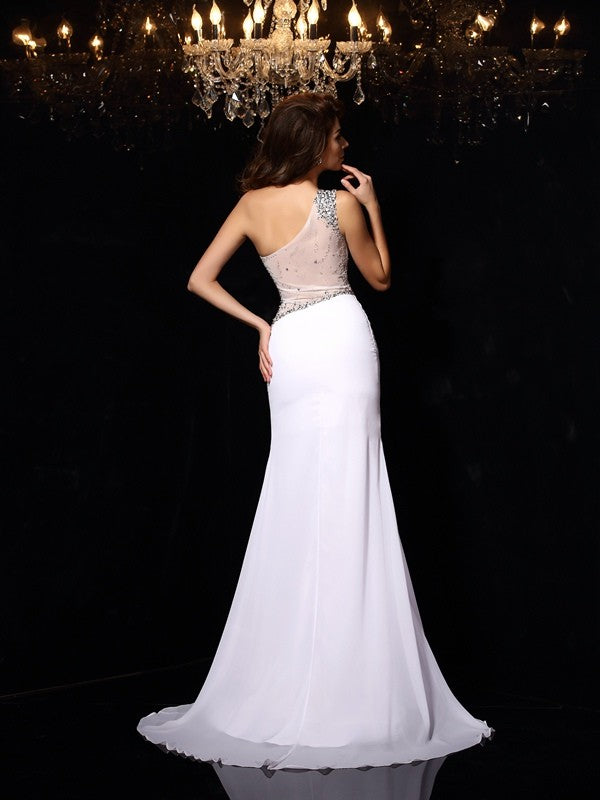 Etui-Linie One-Shoulder-Träger Perlen verziert Ärmellos Lange Chiffon Kleider