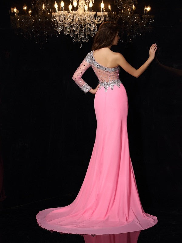 Etui-Linie One-Shoulder-Träger Perlen verziert Lange Ärmel Lange Chiffon Kleider