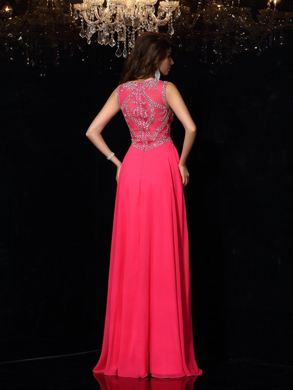 A-Line/Princess Scoop Beading Sleeveless Long Chiffon Dresses
