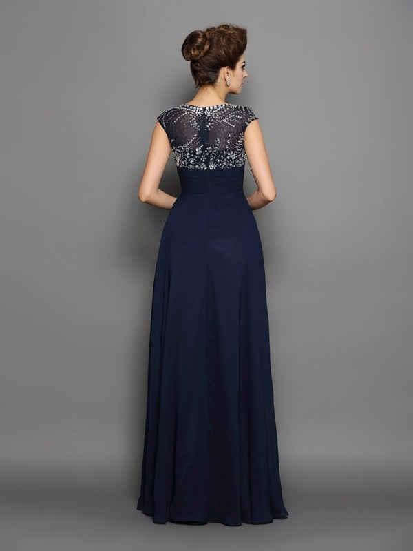 A-Line/Princess Scoop Beading Short Sleeves Long Chiffon Dresses