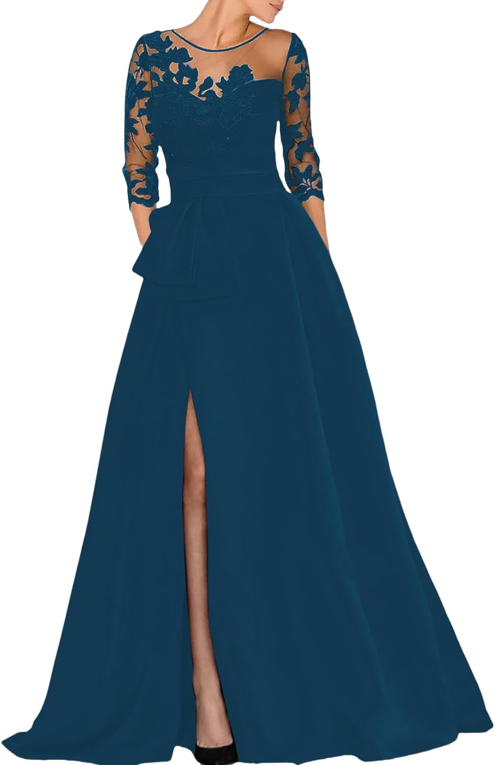 A-Linie elegantes Hochzeitsgastkleid Palastschleppe Schmuckkragen 3/4 Ärmel Abendkleid mit Perlenbesetztem Schlitzaufkleber 2024