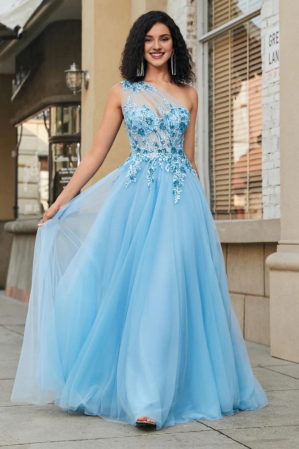 A-line one shoulder sequin light blue decal long ball gown