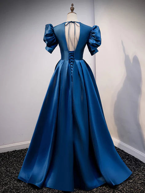 Robe de bal longue en satin bleu à manches courtes, robe de soirée bleue