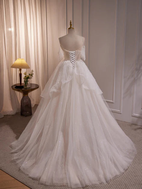 A-line ivory princess shoulder strap short sleeved short sleeved sheer long wedding dress party dress, ivory pearl sequin sheer and floor prom dress