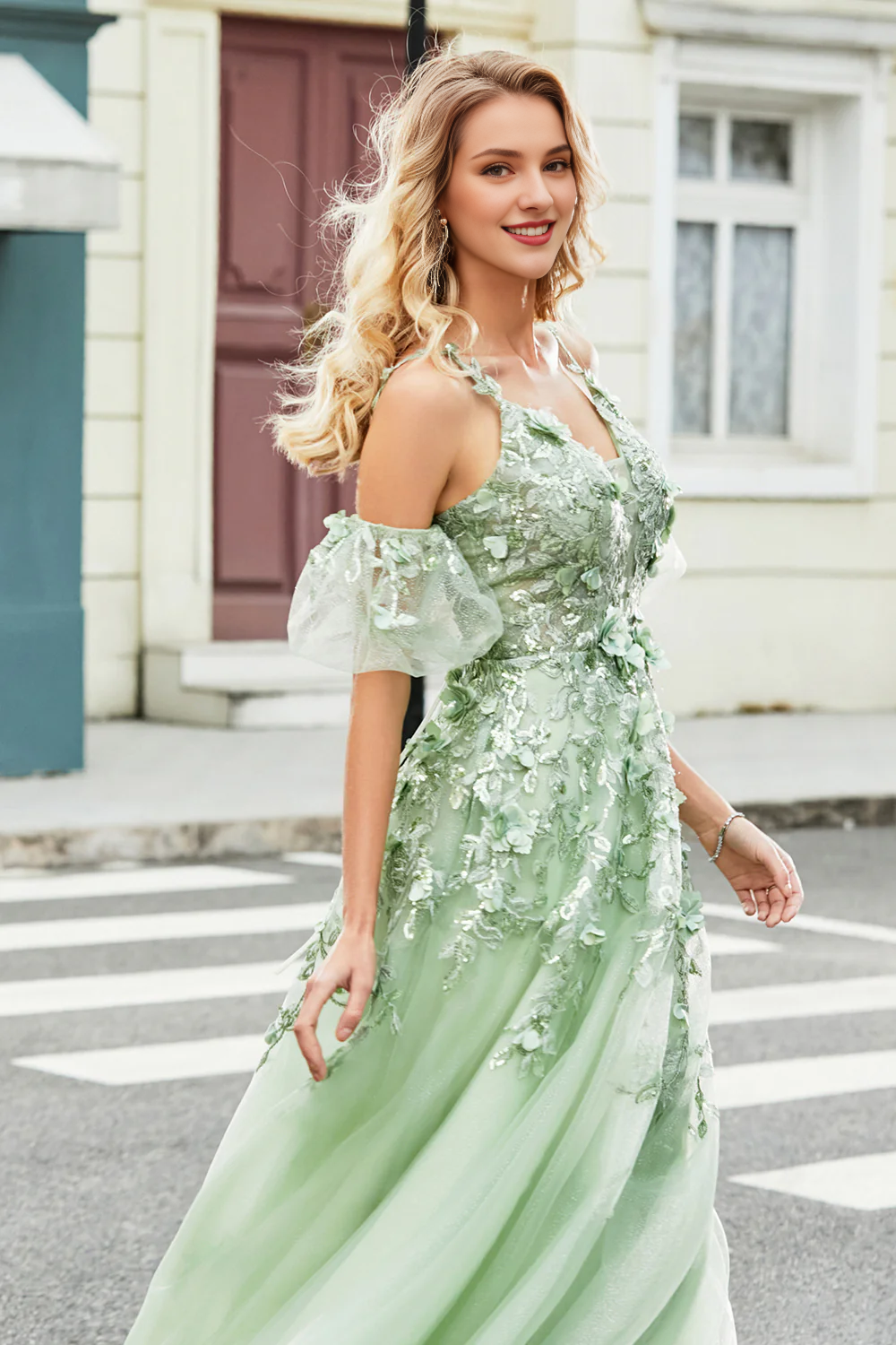 A-line thin shoulder strap tight corset with embroidered sage ball dress
