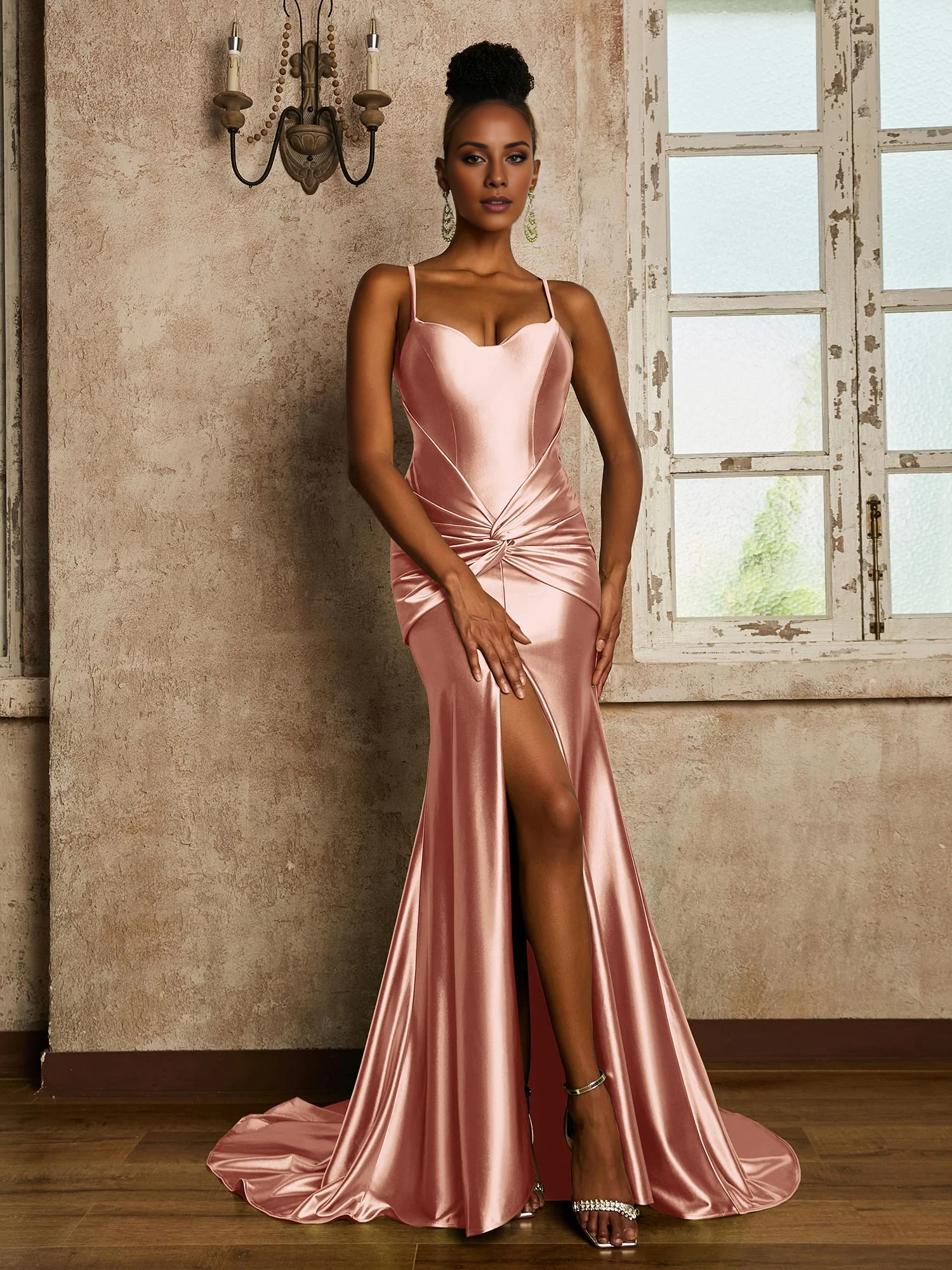 Waist pleated mermaid stretch satin dress - yidibang dress